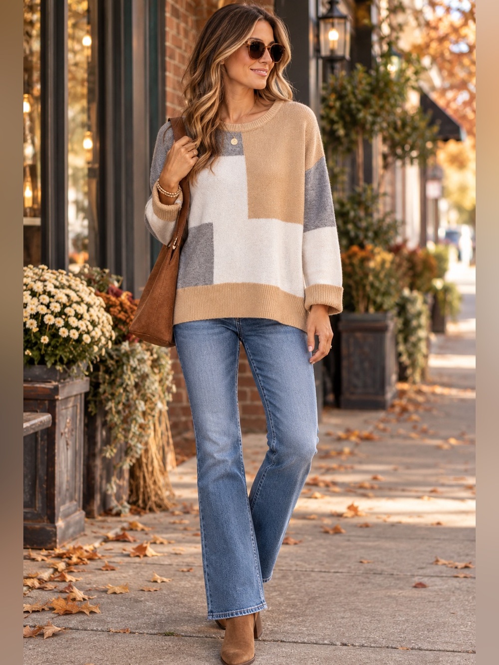 Andrée by Unit Colorblock Sweater Small Camel Gray Cream Soft Knit